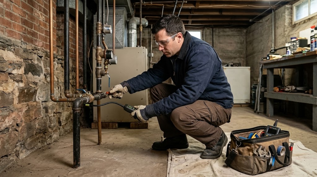 Natural gas black iron pipe fittings, pressure test gauge, and shutoff valves being inspected